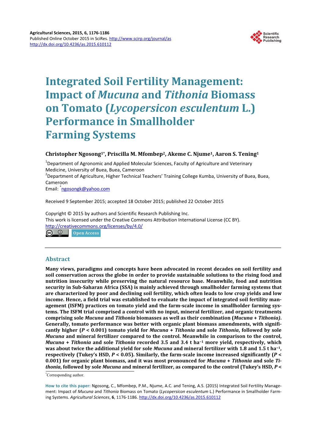 Integrated Soil Fertility Management: Impact of Mucuna and Tithonia Biomass on Tomato (Lycopersicon Esculentum L.) Performance in Smallholder Farming Systems