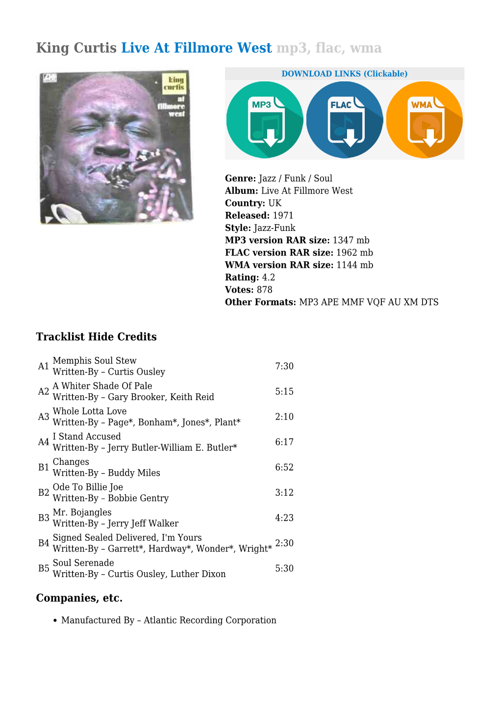 King Curtis Live at Fillmore West Mp3, Flac, Wma