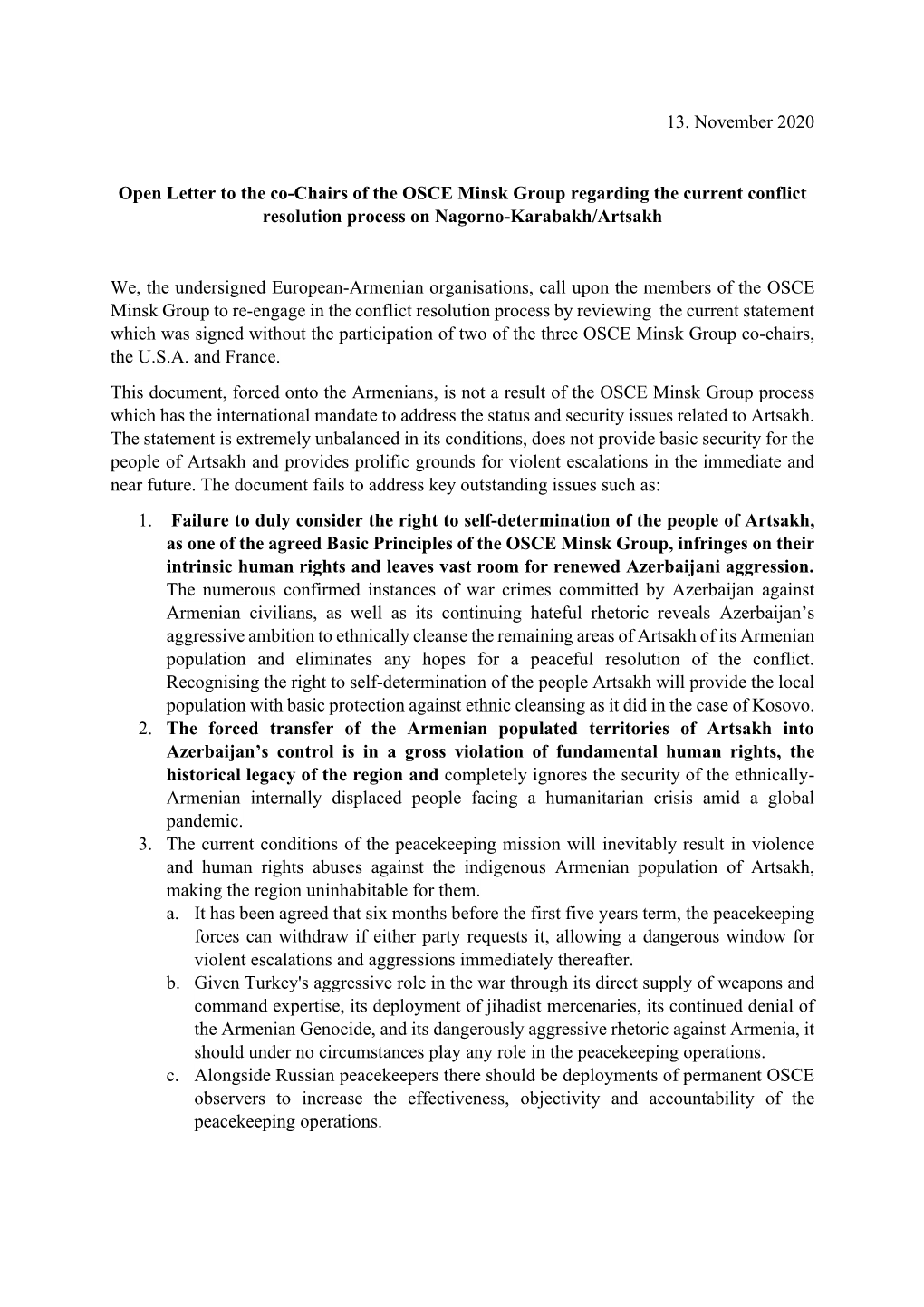 13. November 2020 Open Letter to the Co-Chairs of the OSCE Minsk