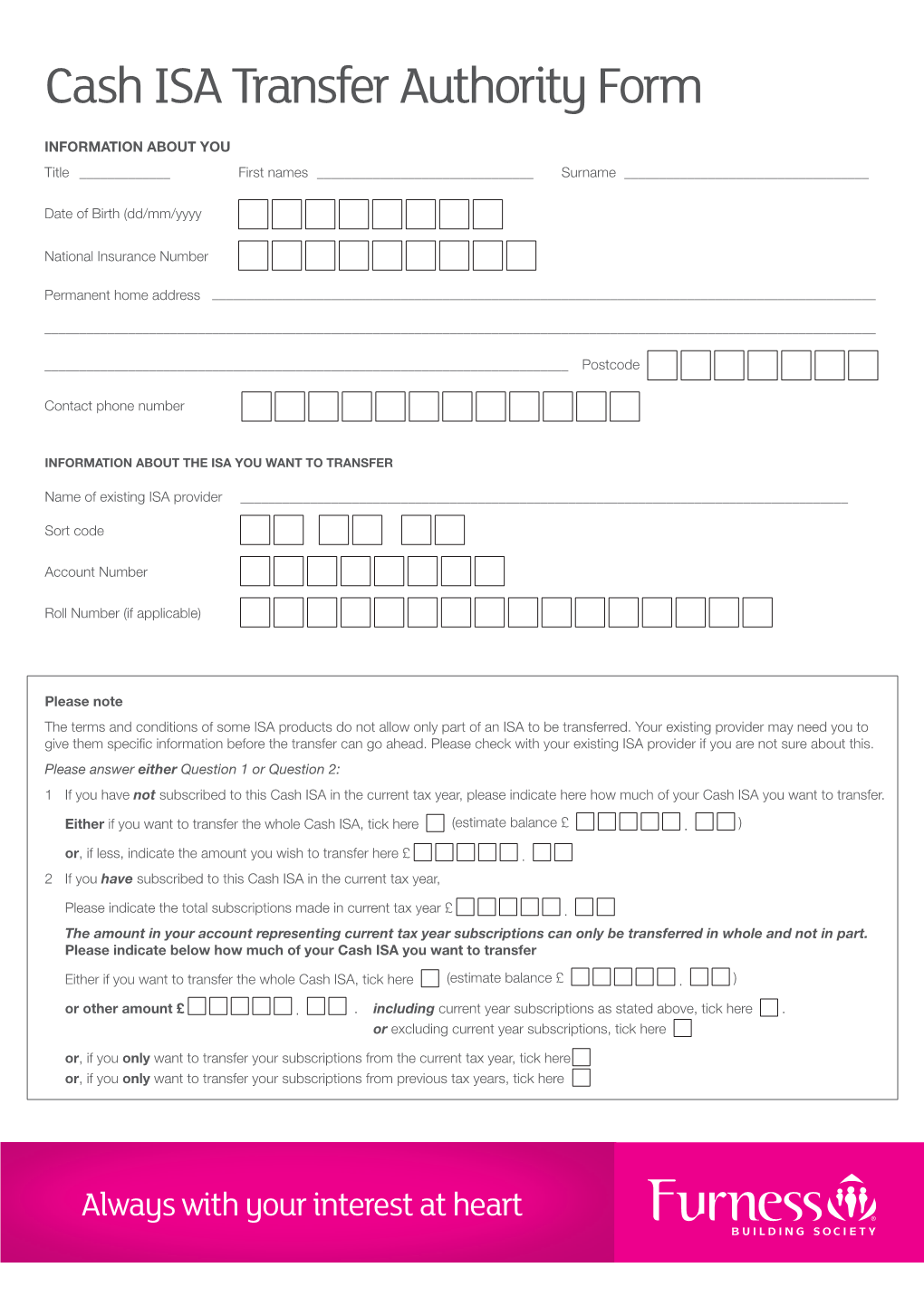 Cash ISA Transfer Authority Form