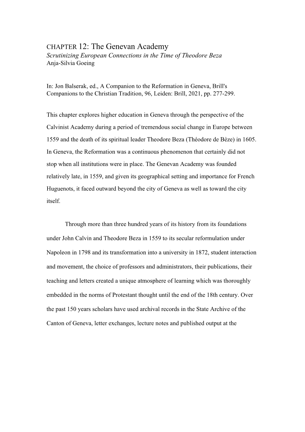 CHAPTER 12: the Genevan Academy Scrutinizing European Connections in the Time of Theodore Beza Anja-Silvia Goeing