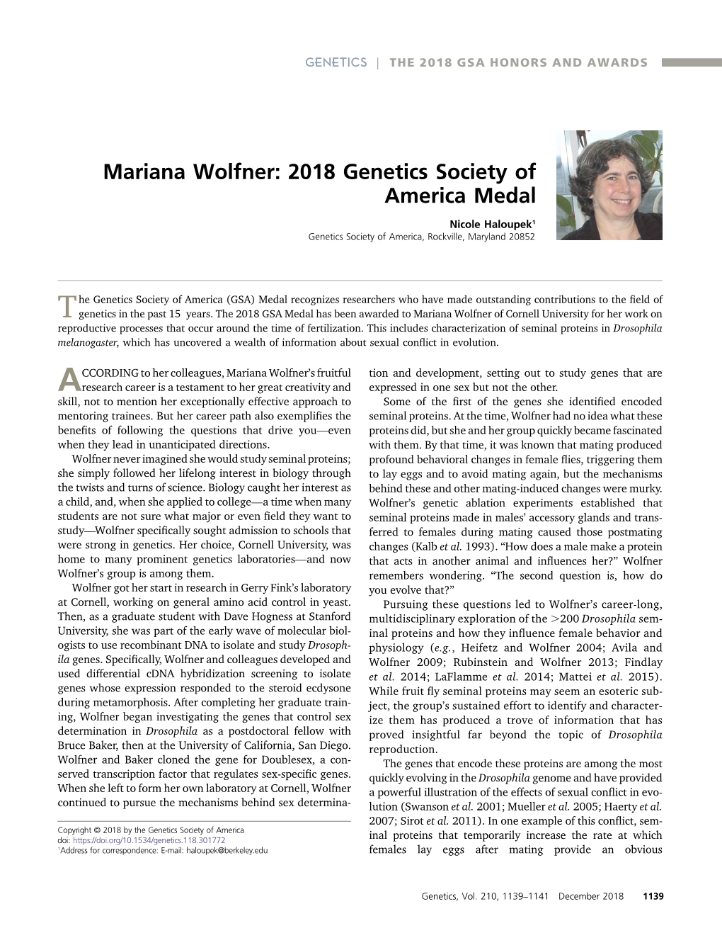 Mariana Wolfner: 2018 Genetics Society of America Medal