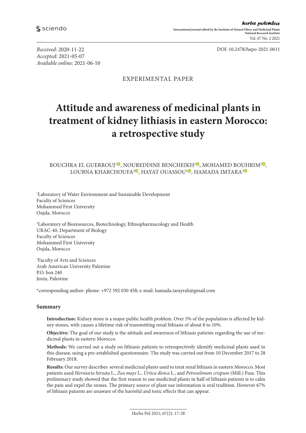 Attitude and Awareness of Medicinal Plants in Treatment of Kidney Lithiasis in Eastern Morocco: a Retrospective Study