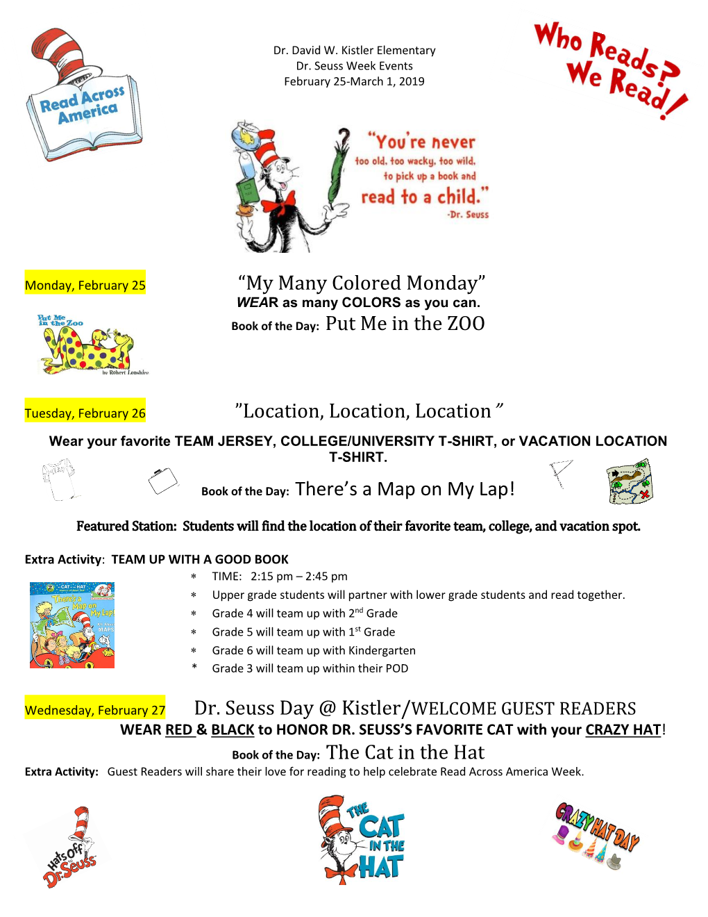 Dr. Seuss Week Events February 25-March 1, 2019