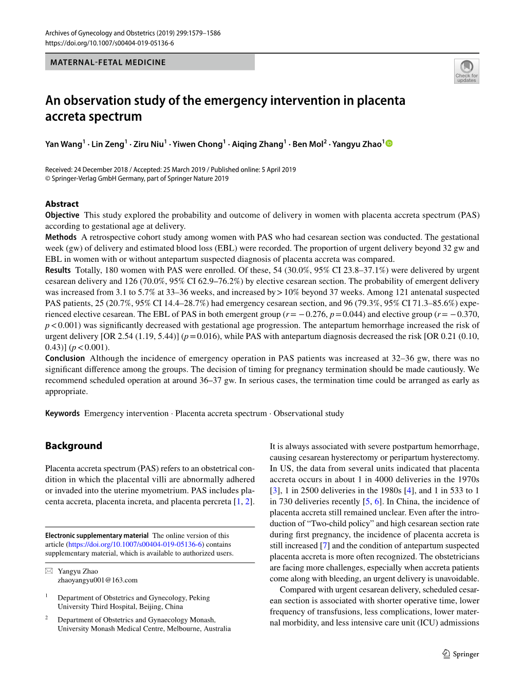An Observation Study of the Emergency Intervention in Placenta Accreta Spectrum