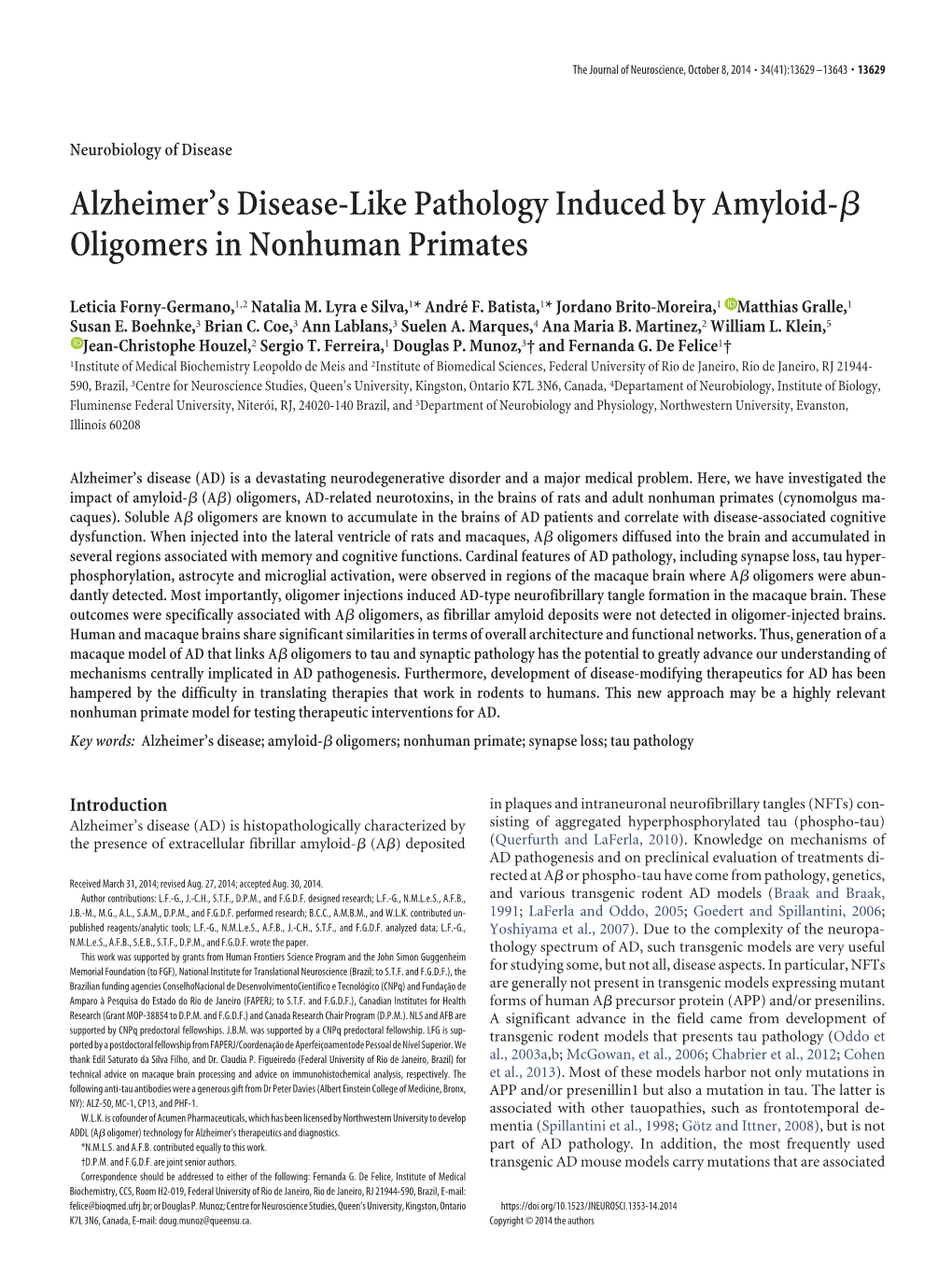 Alzheimer's Disease-Like Pathology Induced