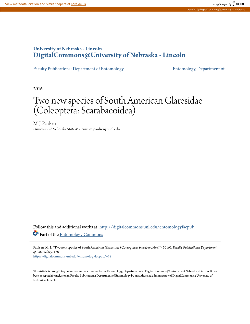 Two New Species of South American Glaresidae (Coleoptera: Scarabaeoidea) M