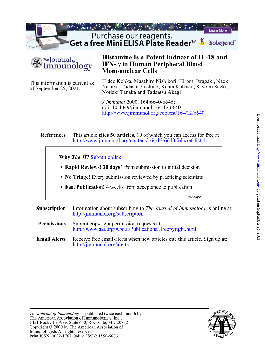 Histamine Is a Potent Inducer of IL-18 and IFN- Γ in Human Peripheral Blood Mononuclear Cells