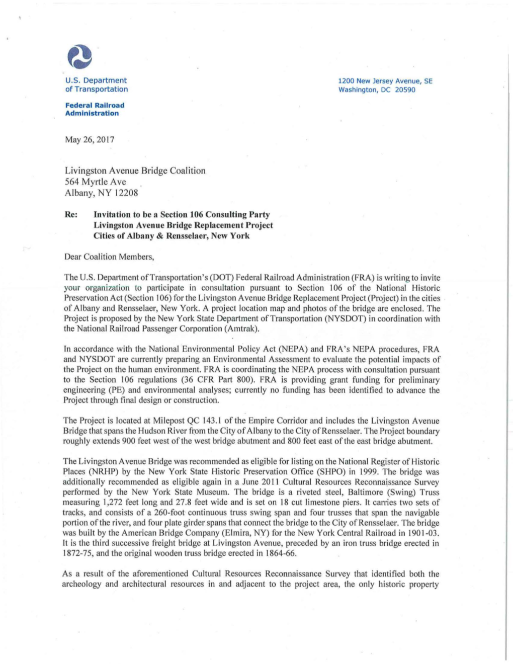 Re: Invitation to Be a Section 106 Consulting Party Livingston Avenue Bridge Replacement Project Cities of Albany & Rensselaer, New York