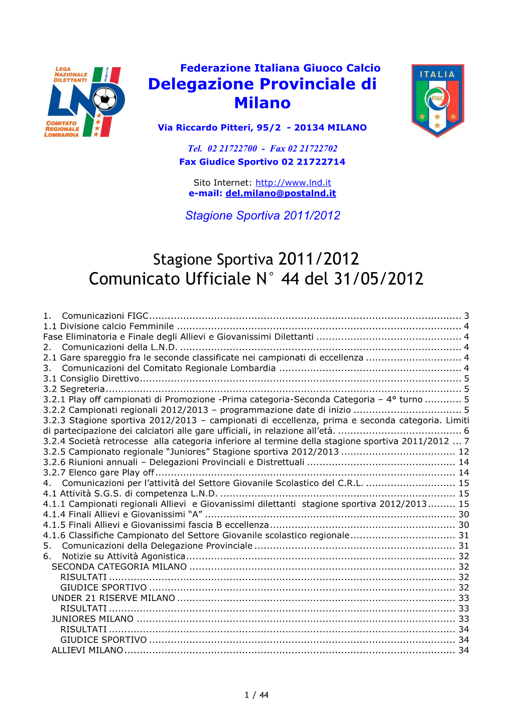 Comunicato Ufficiale N° 44 Del 31/05/2012