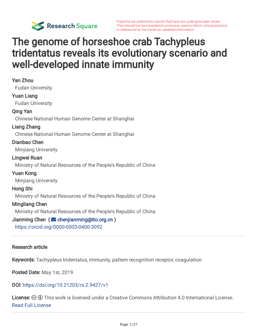 The Genome of Horseshoe Crab Tachypleus Tridentatus Reveals Its Evolutionary Scenario and Well-Developed Innate Immunity