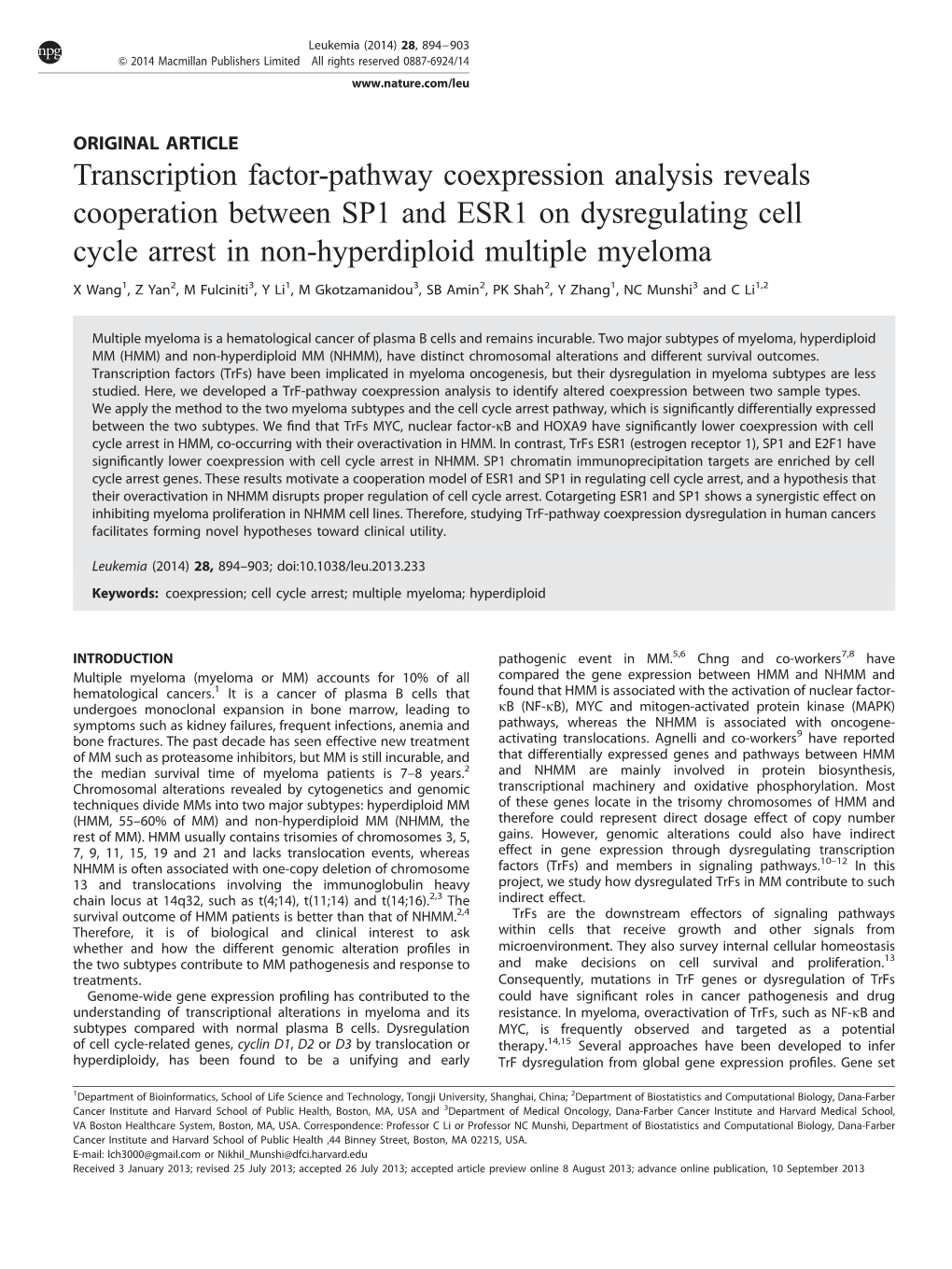 Transcription Factor-Pathway Coexpression Analysis Reveals Cooperation Between SP1 and ESR1 on Dysregulating Cell Cycle Arrest in Non-Hyperdiploid Multiple Myeloma