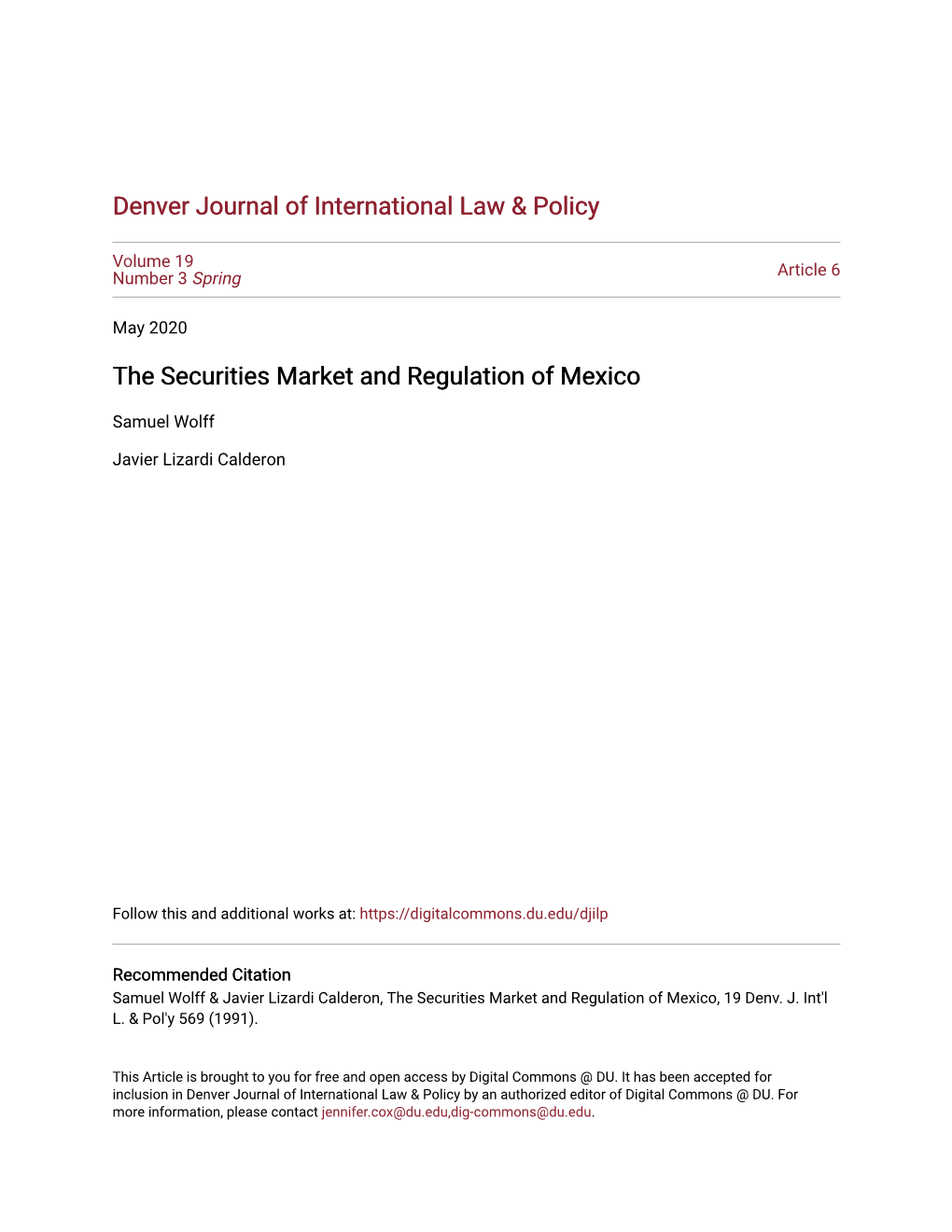 The Securities Market and Regulation of Mexico