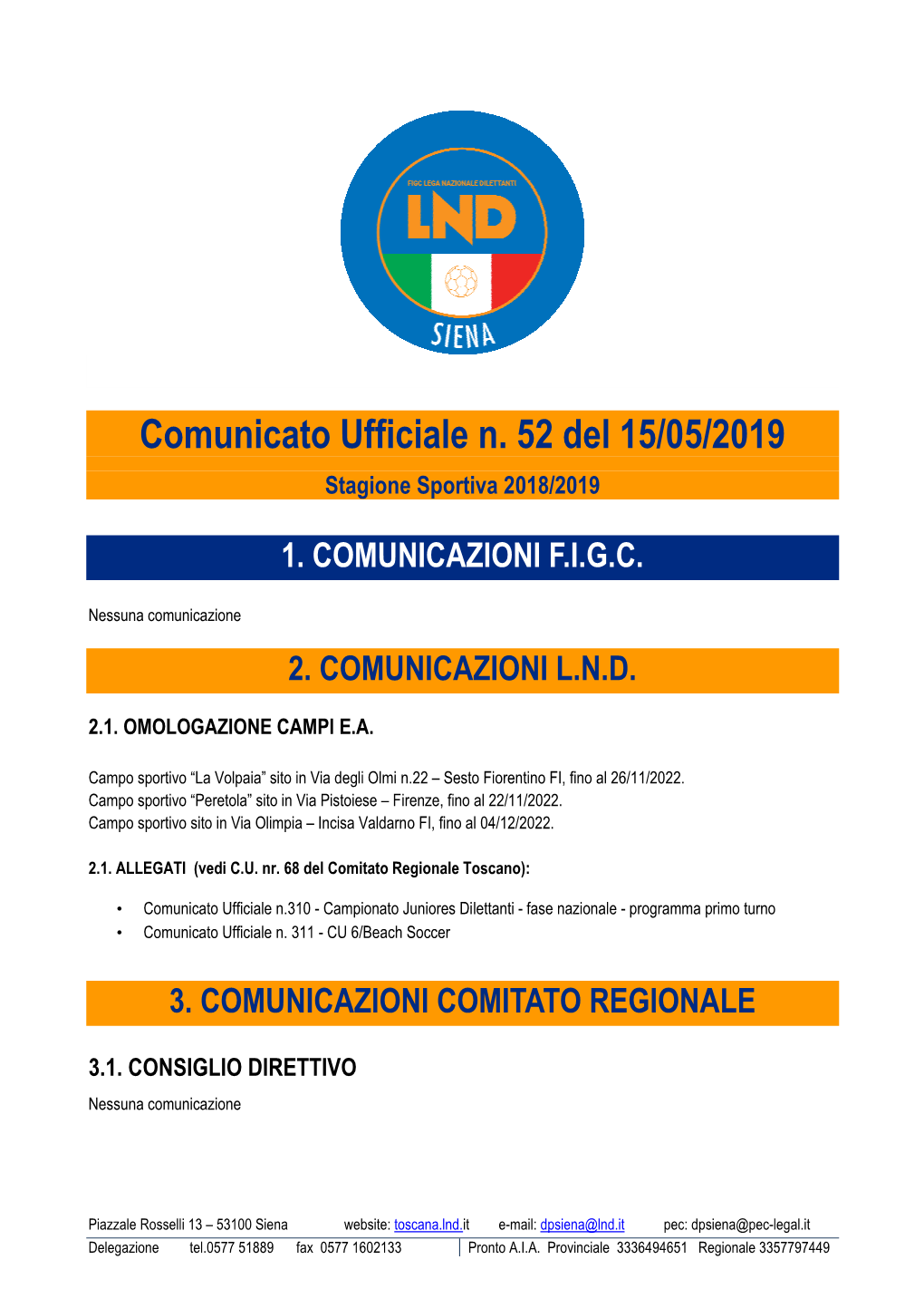 Comunicato Ufficiale N. 52 Del 15/05/2019