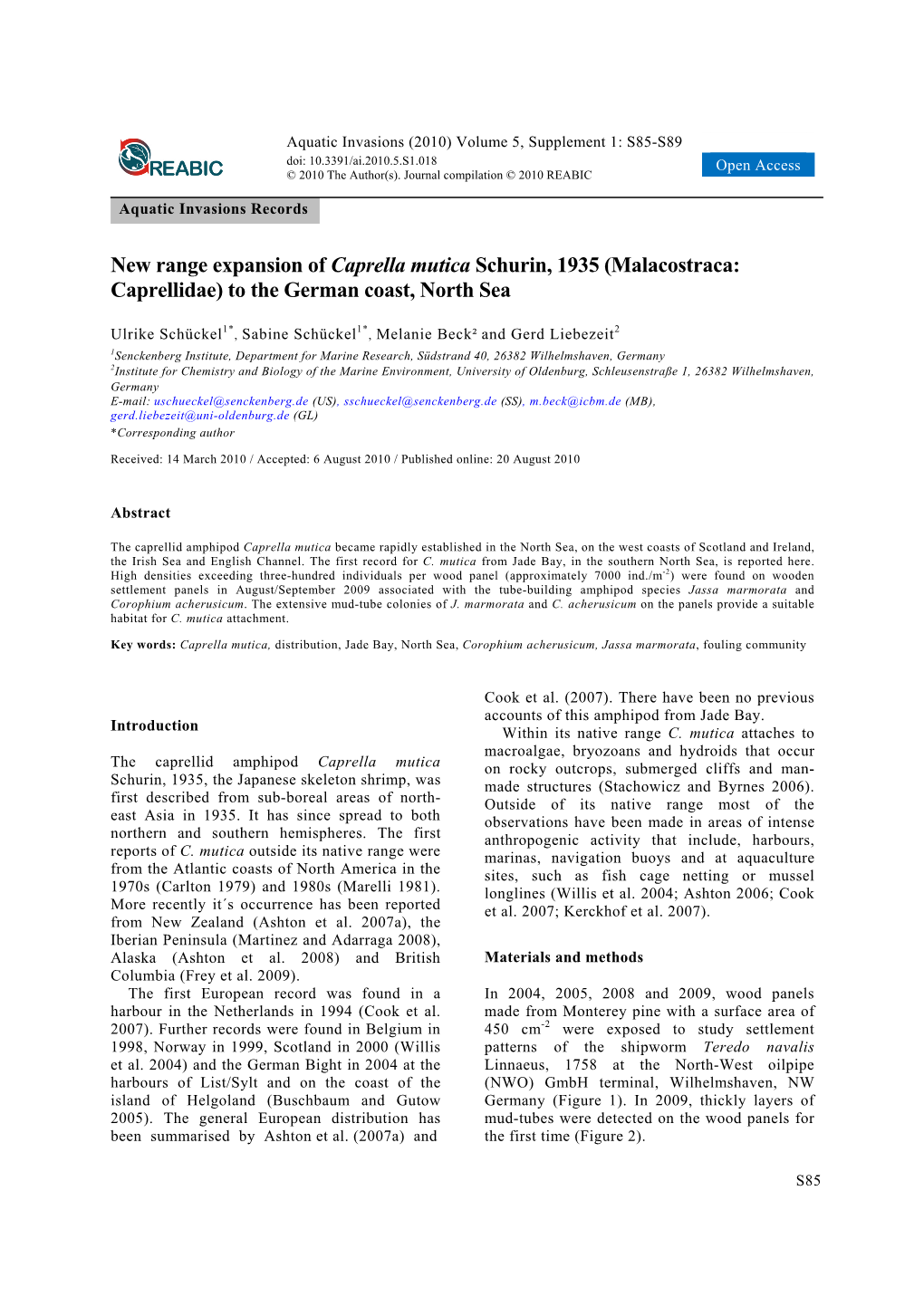 New Range Expansion of Caprella Mutica Schurin, 1935 (Malacostraca: Caprellidae) to the German Coast, North Sea