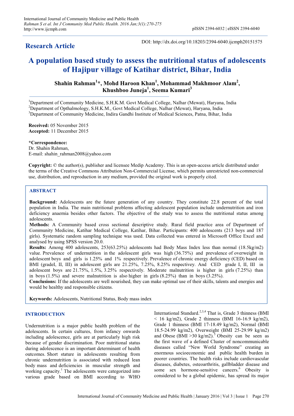 A Population Based Study to Assess the Nutritional Status of Adolescents of Hajipur Village of Katihar District, Bihar, India