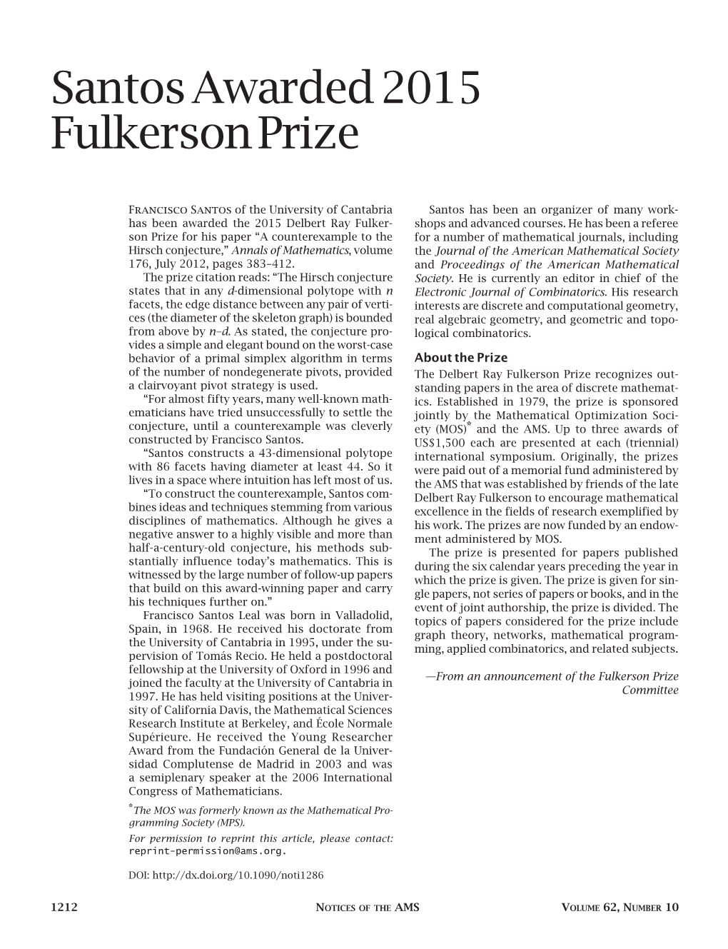Santos Awarded 2015 Fulkerson Prize