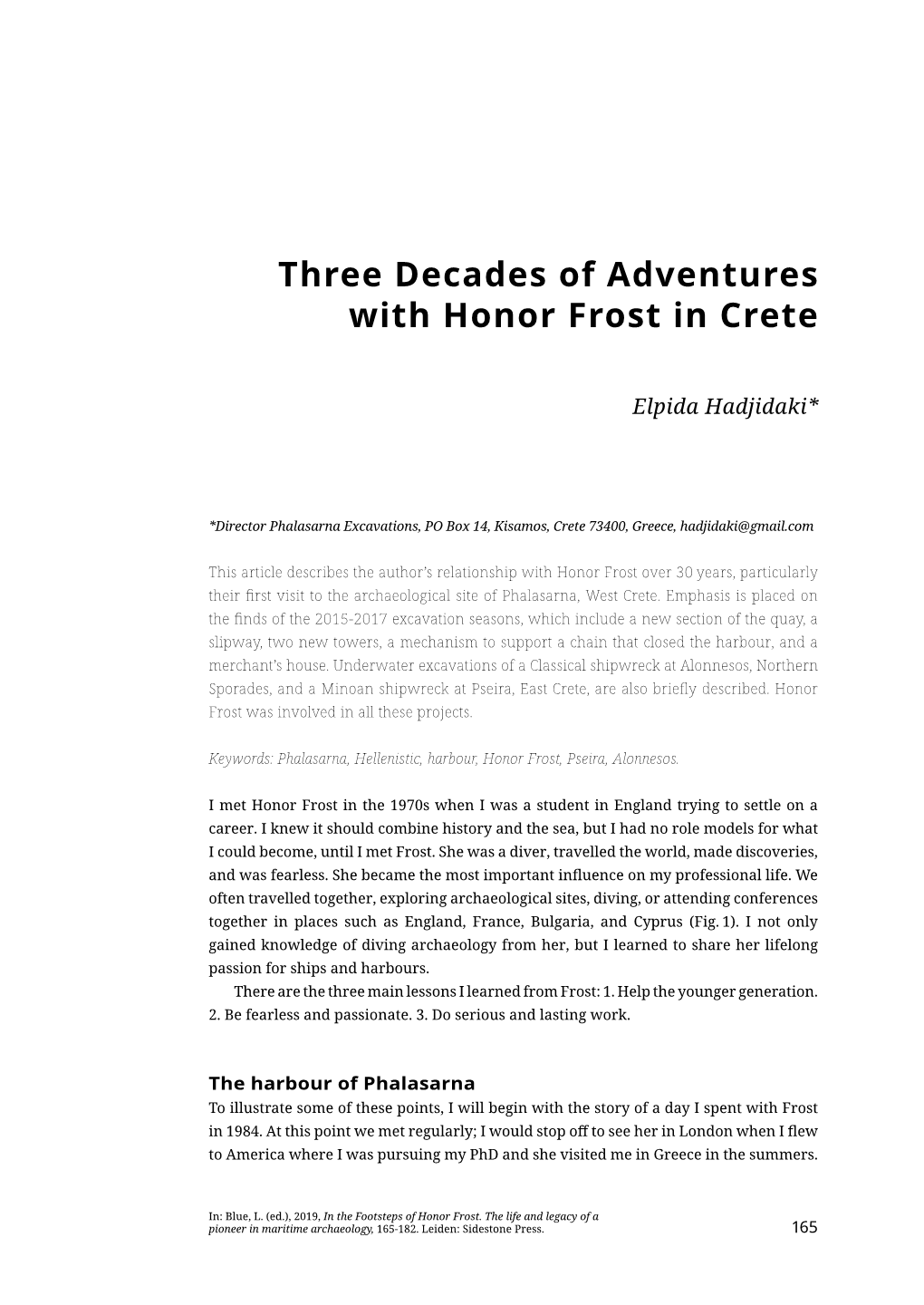 Three Decades of Adventures with Honor Frost in Crete