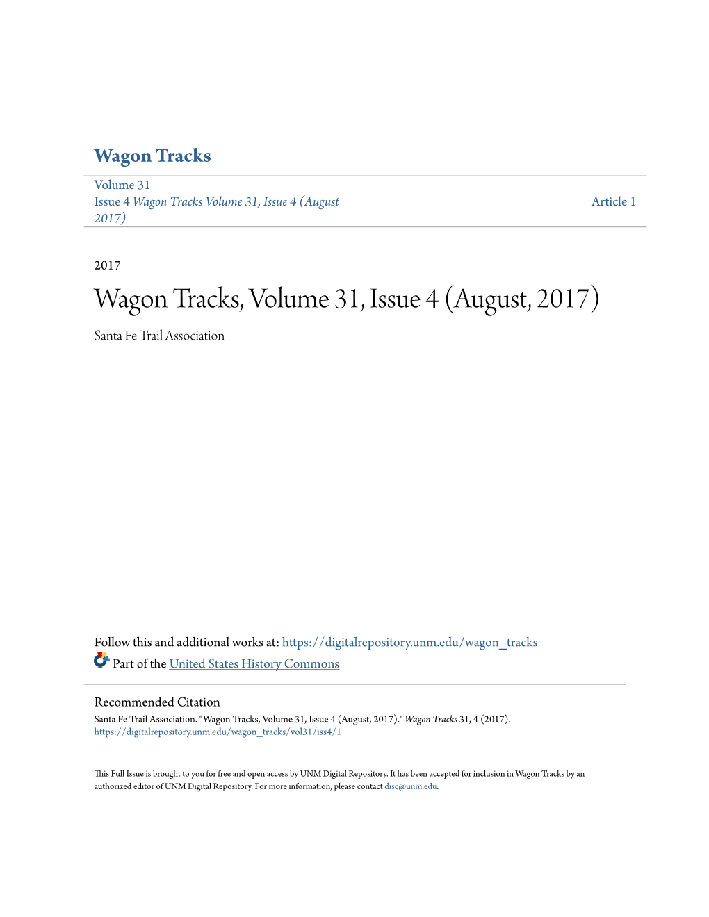 Wagon Tracks, Volume 31, Issue 4 (August, 2017) Santa Fe Trail Association