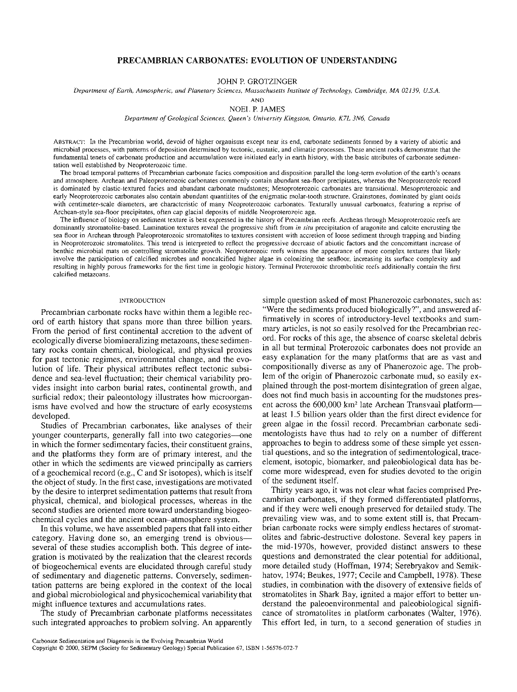 Precambrian Carbonates: Evolution of Understanding