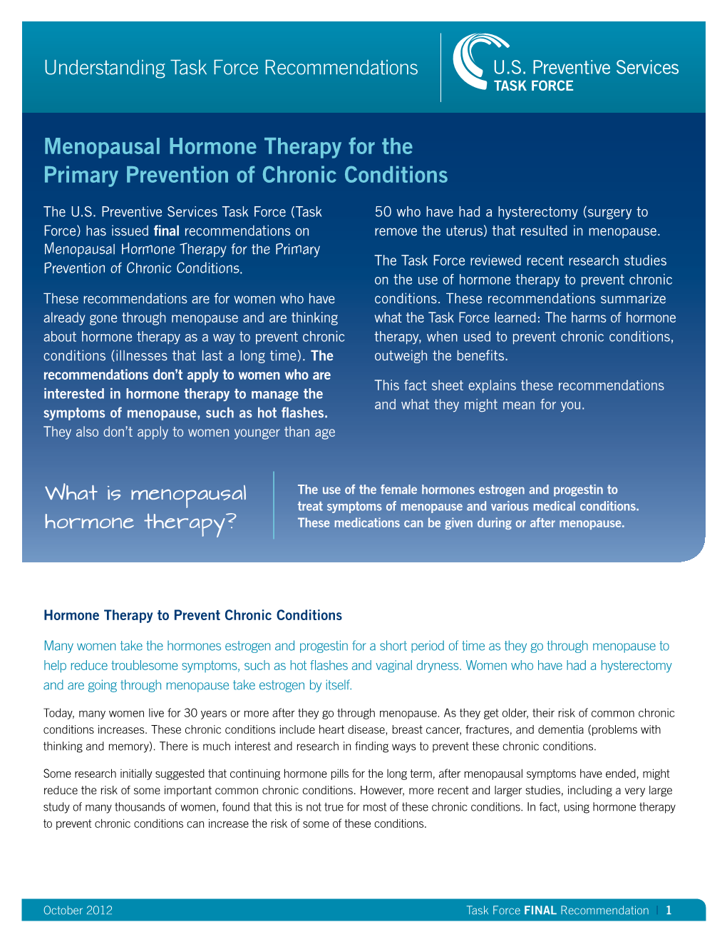 Menopausal Hormone Therapy for the Primary Prevention of Chronic Conditions