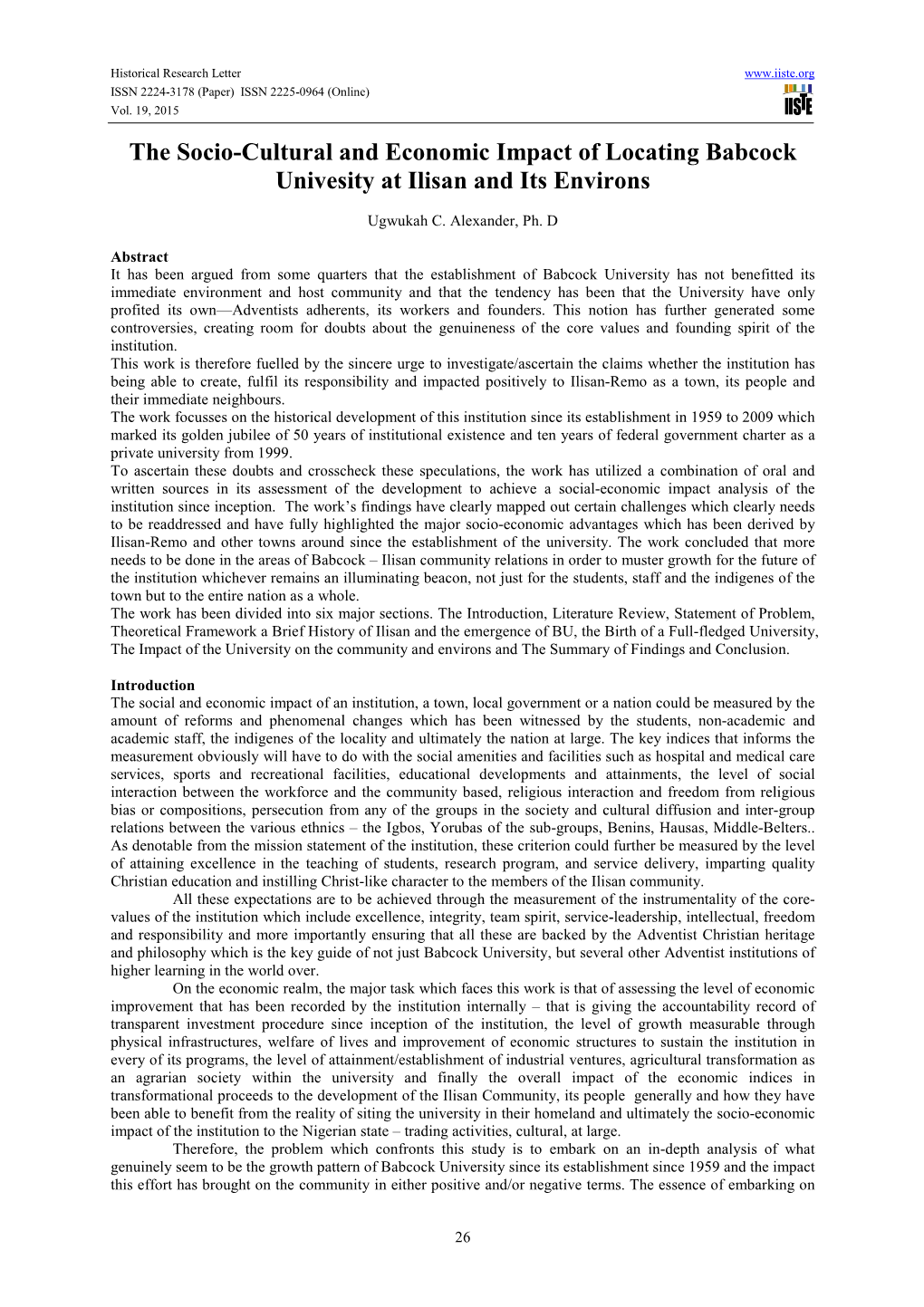 The Socio-Cultural and Economic Impact of Locating Babcock Univesity at Ilisan and Its Environs