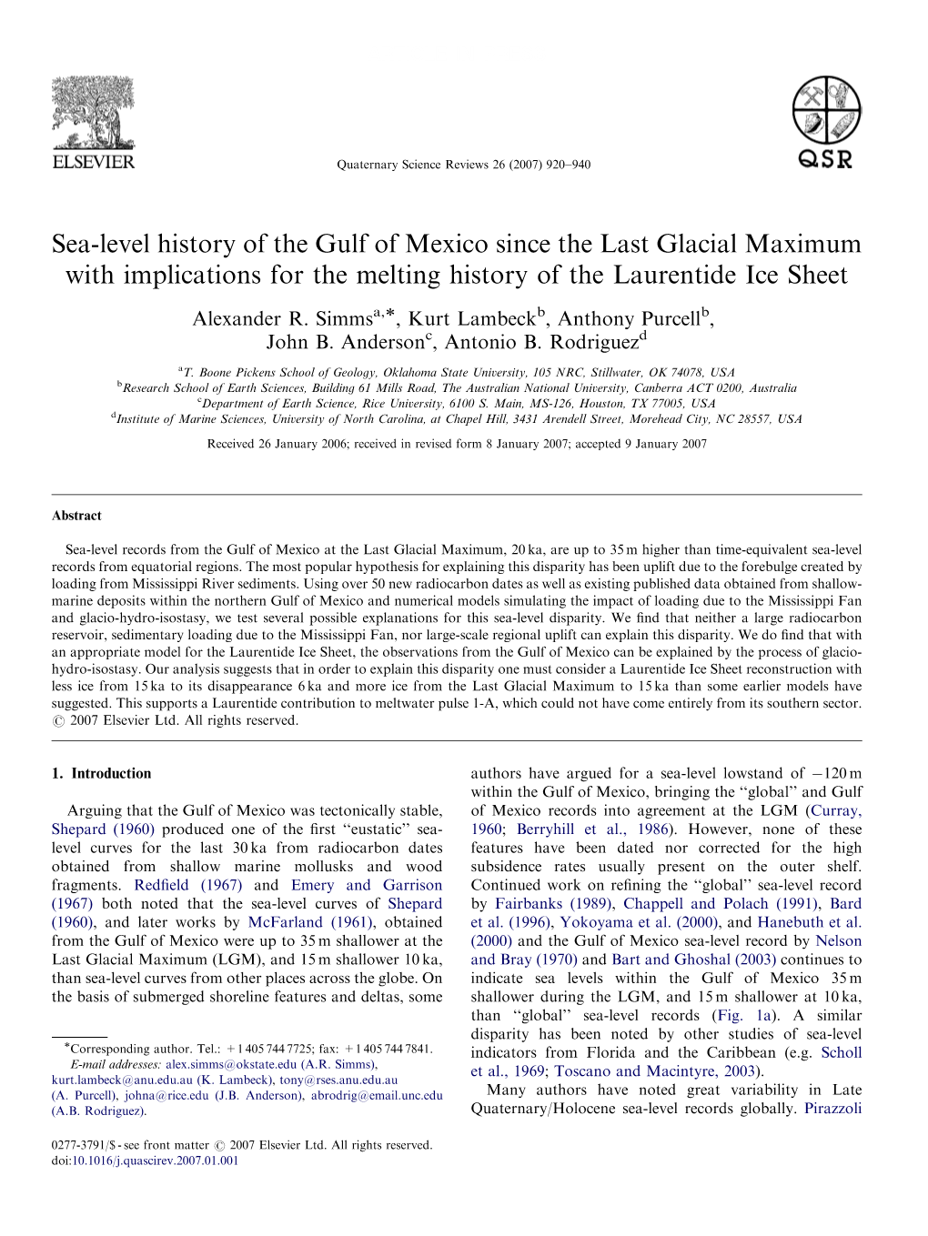 Sea-Level History of the Gulf of Mexico Since the Last Glacial Maximum with Implications for the Melting History of the Laurentide Ice Sheet