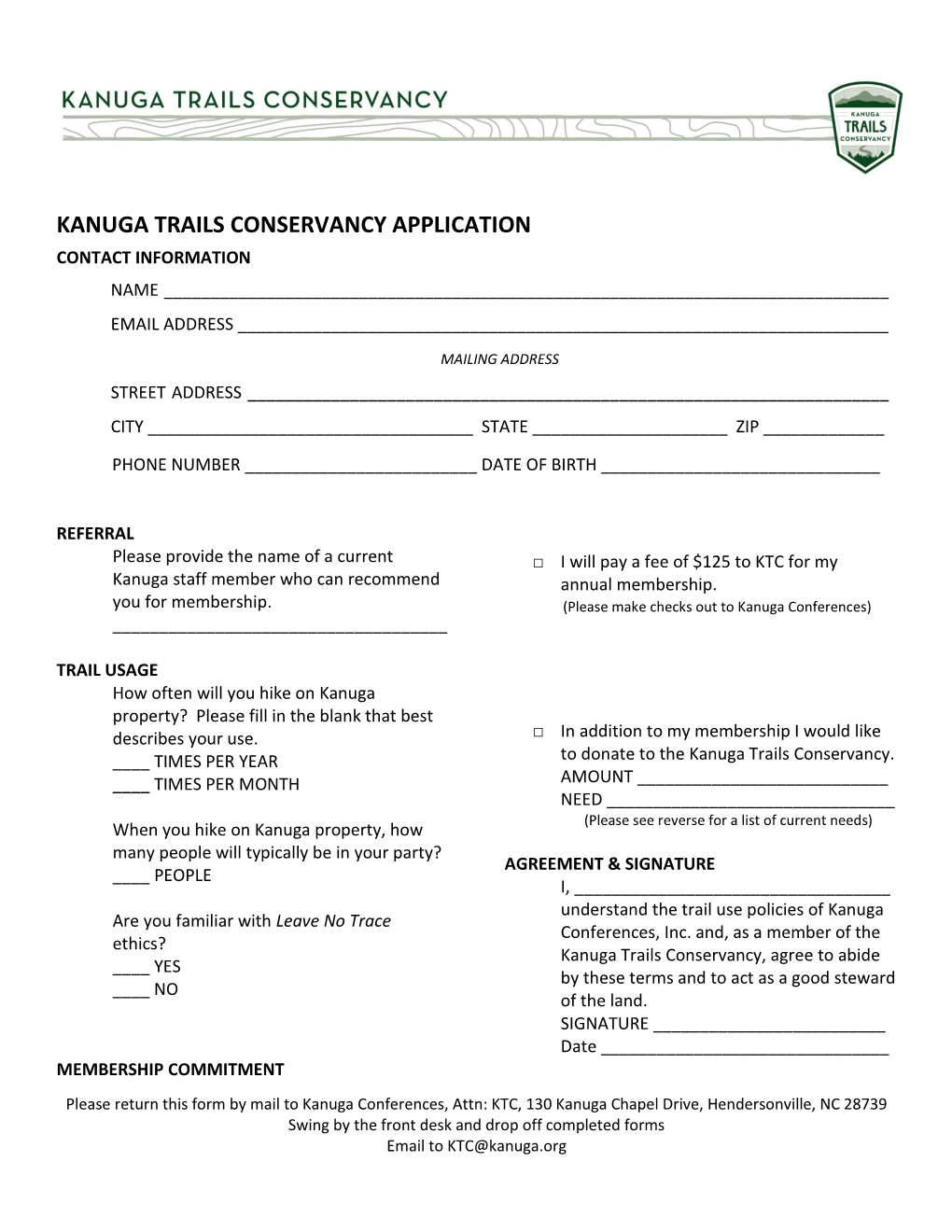 Kanuga Trails Conservancy Application Contact Information Name ______Email Address ______