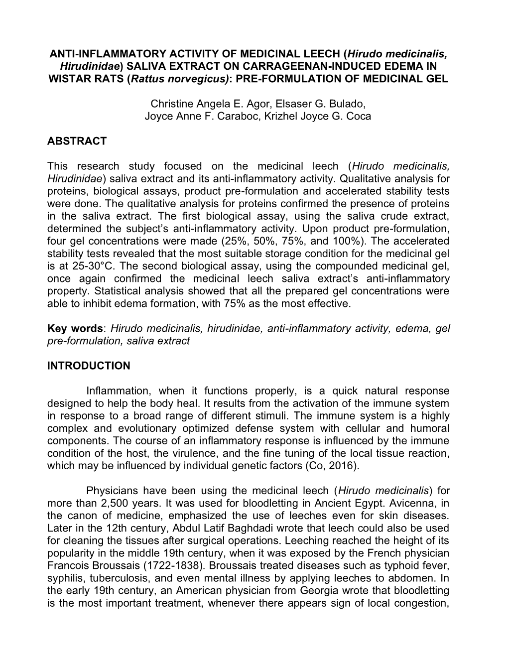 ANTI-INFLAMMATORY ACTIVITY of MEDICINAL LEECH (Hirudo