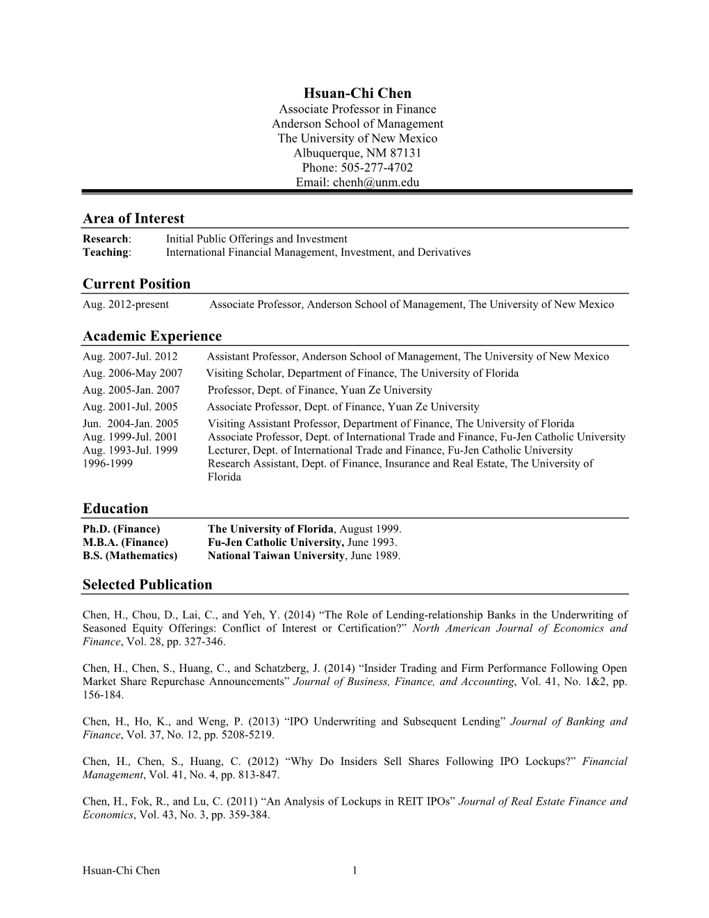 Hsuan-Chi Chen Area of Interest Current Position Academic