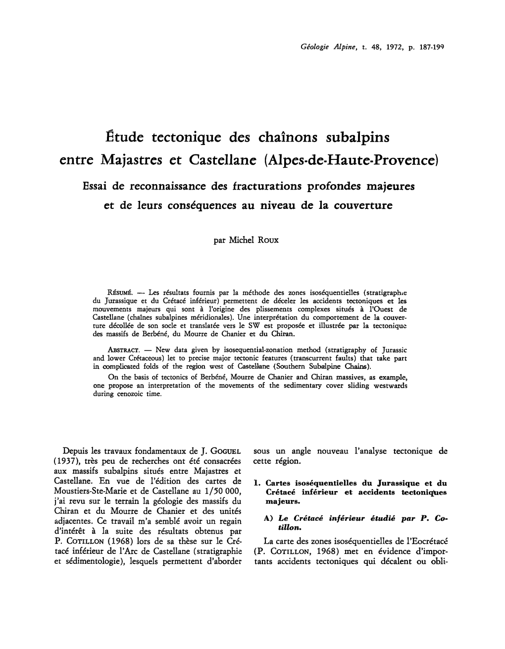 Étude Tectonique Des Chaînons Subalpins Entre Majastres Et Castellane (Alpes-De-Haute-Provence)