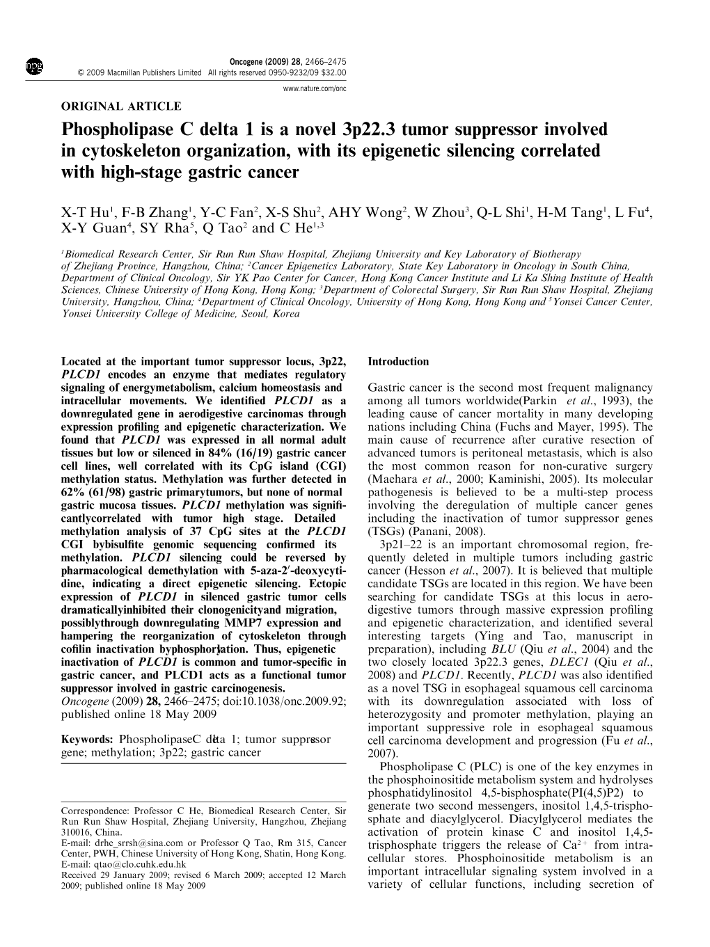 Phospholipase C Delta 1 Is a Novel 3P22.3 Tumor Suppressor Involved