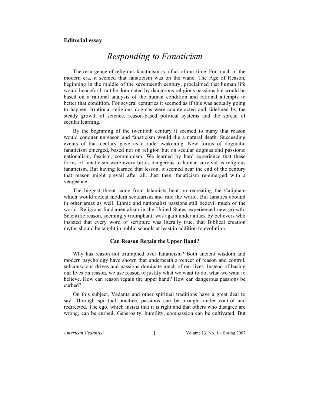 Volume 13, No. 1 – Spring 2007 – Focus: Responding to Fanaticism