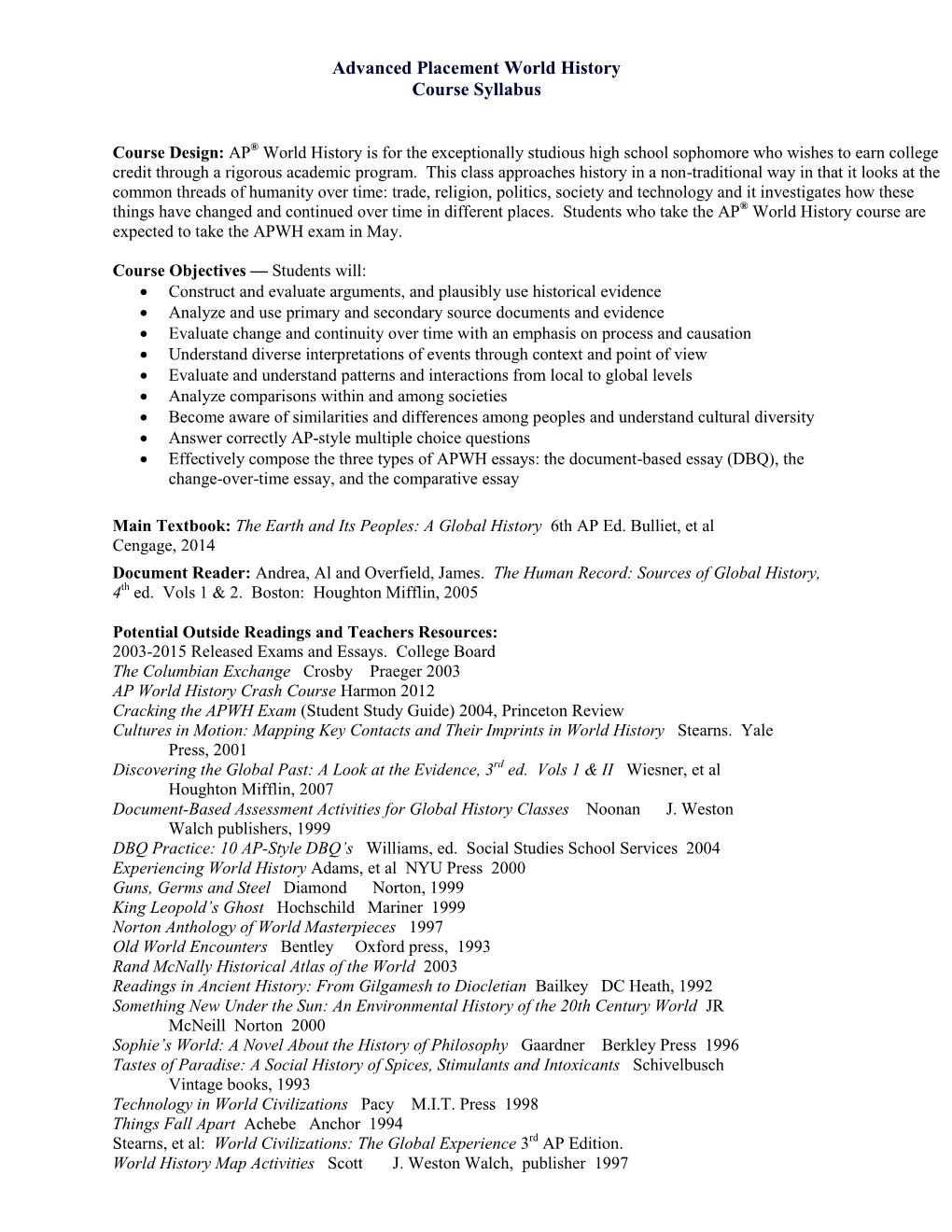 Advanced Placement World History Course Syllabus