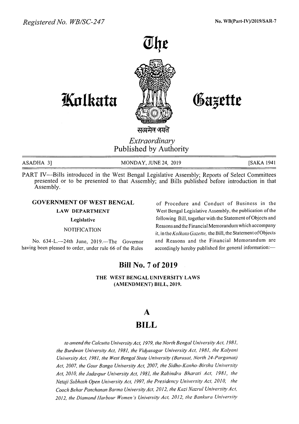 The West Bengal University Laws (Amendment) Bill, 2019
