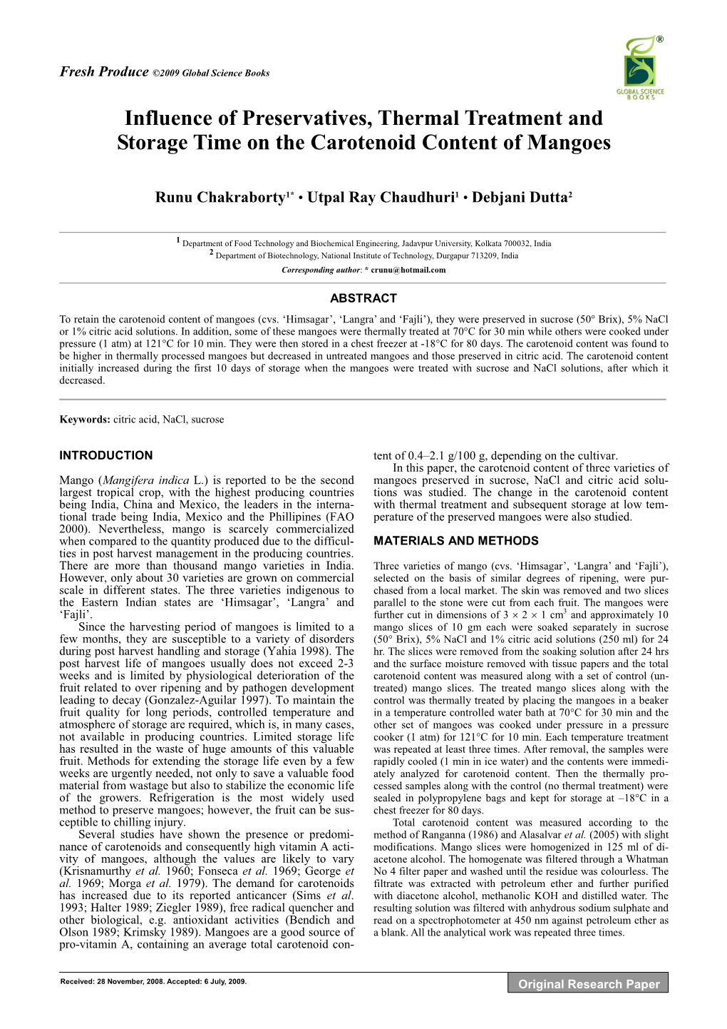 Influence of Preservatives, Thermal Treatment and Storage Time on the Carotenoid Content of Mangoes