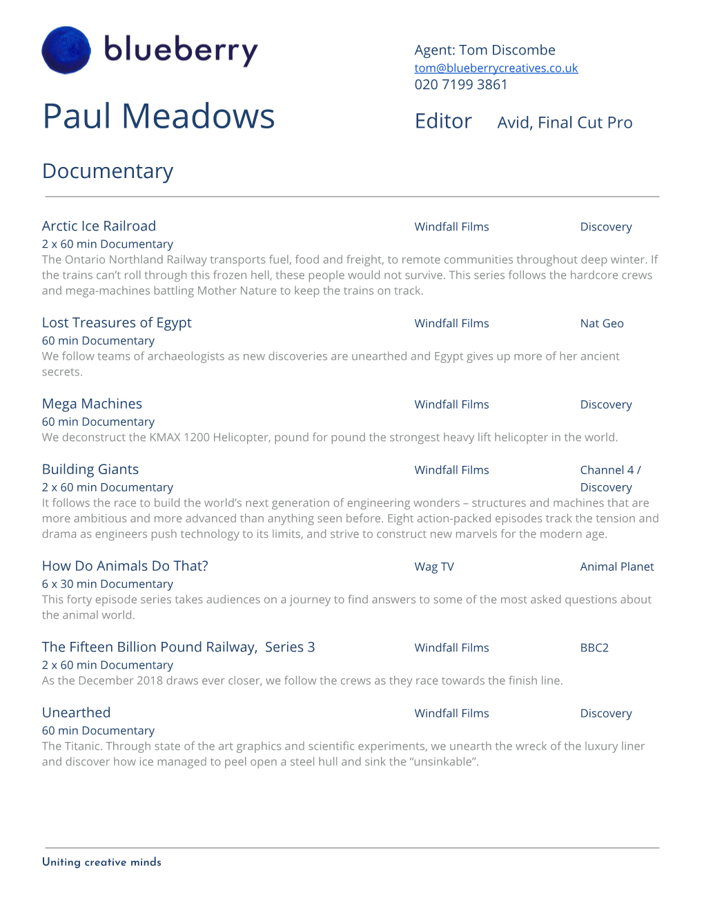 Paul Meadows Editor Avid, Final Cut Pro