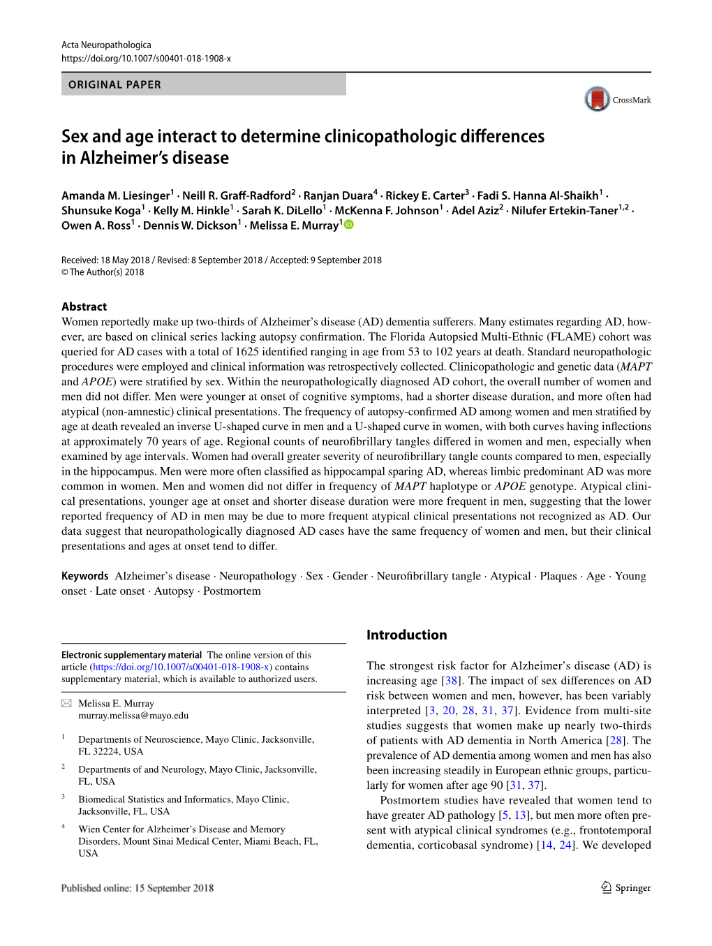 Sex and Age Interact to Determine Clinicopathologic Differences In