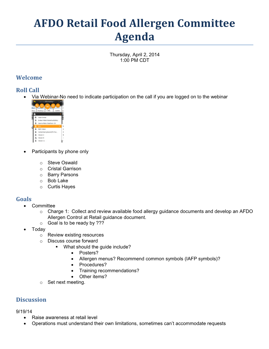 AFDO Retail Food Allergen Committee Agenda