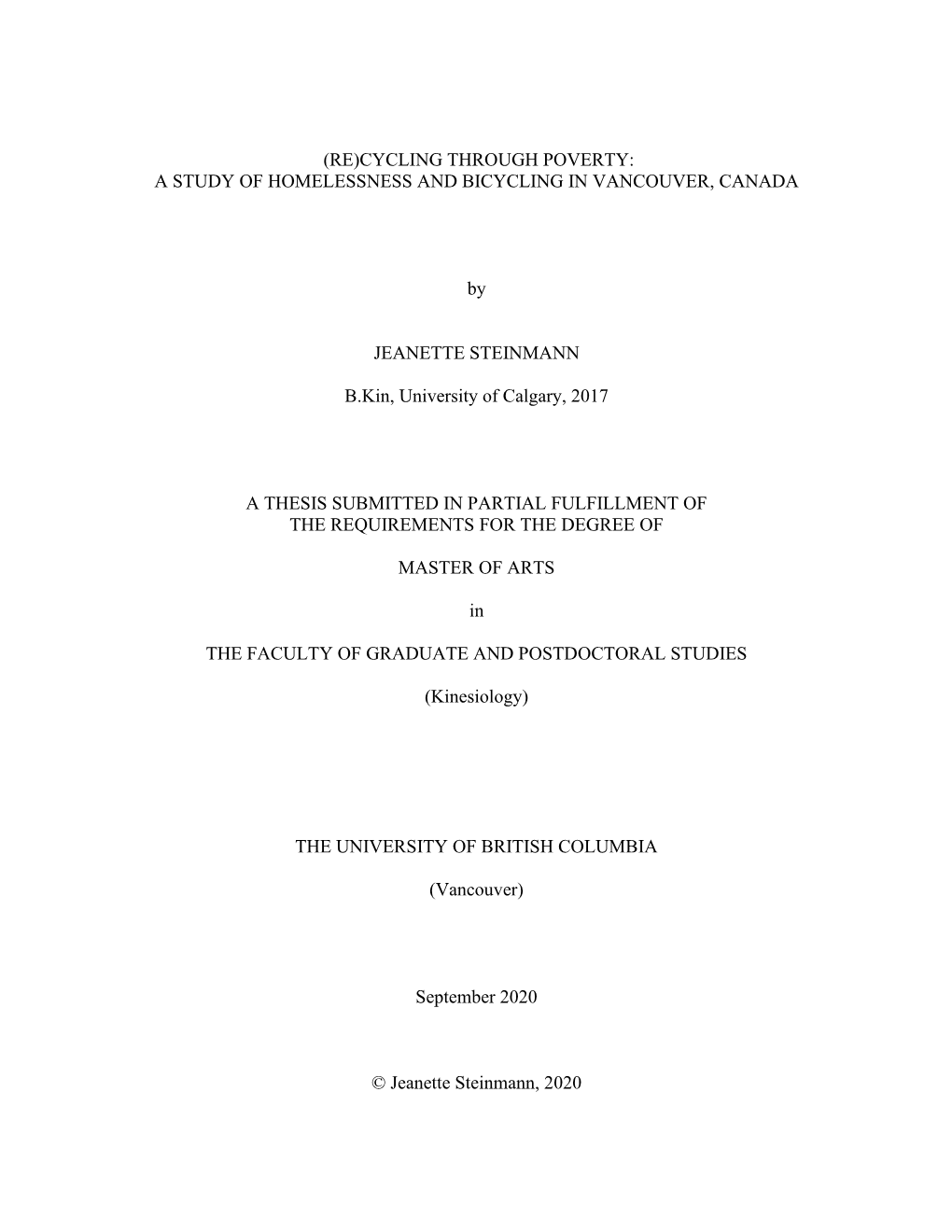 Cycling Through Poverty: a Study of Homelessness and Bicycling in Vancouver, Canada