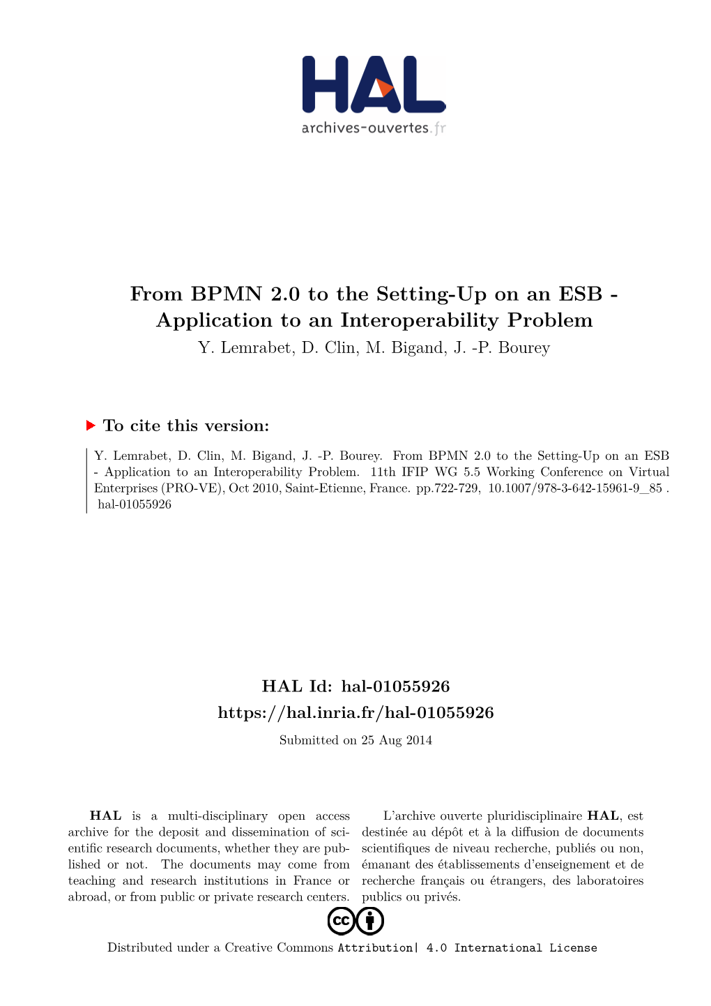 From BPMN 2.0 to the Setting-Up on an ESB - Application to an Interoperability Problem Y