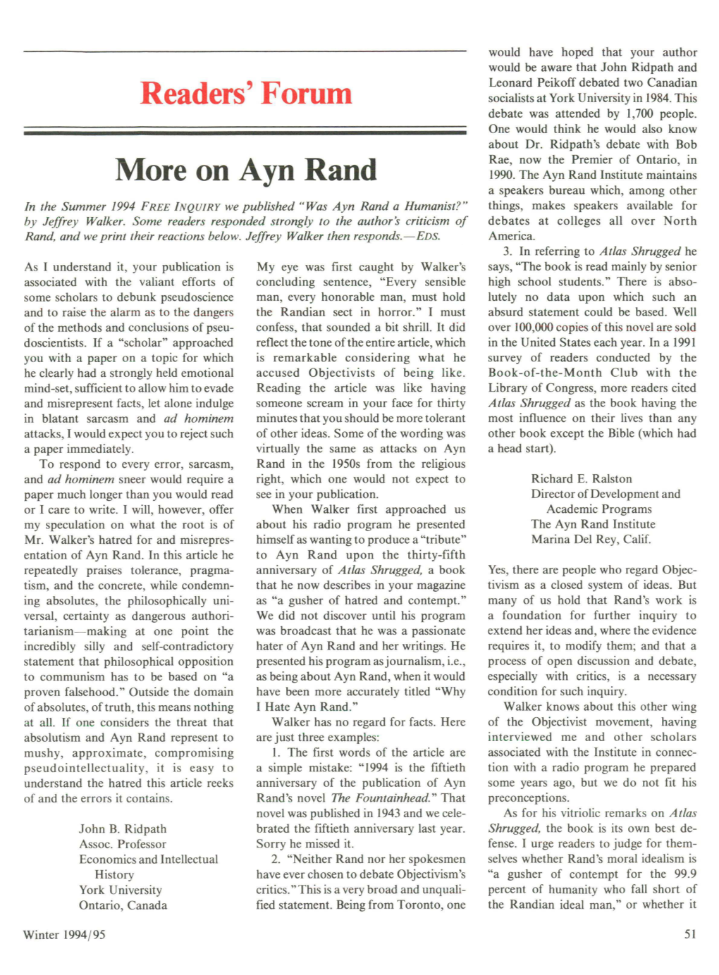 Readers' Forum More on Ayn Rand