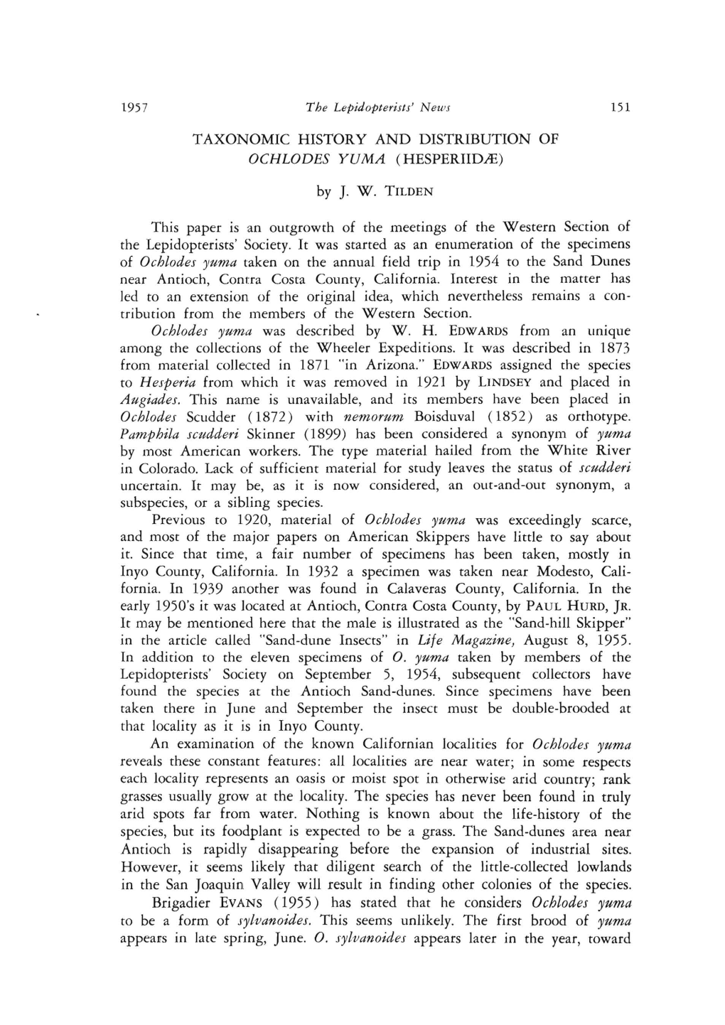 TAXONOMIC HISTORY and DISTRIBUTION of OCHLODES YUMA (HESPERIID.Ie)