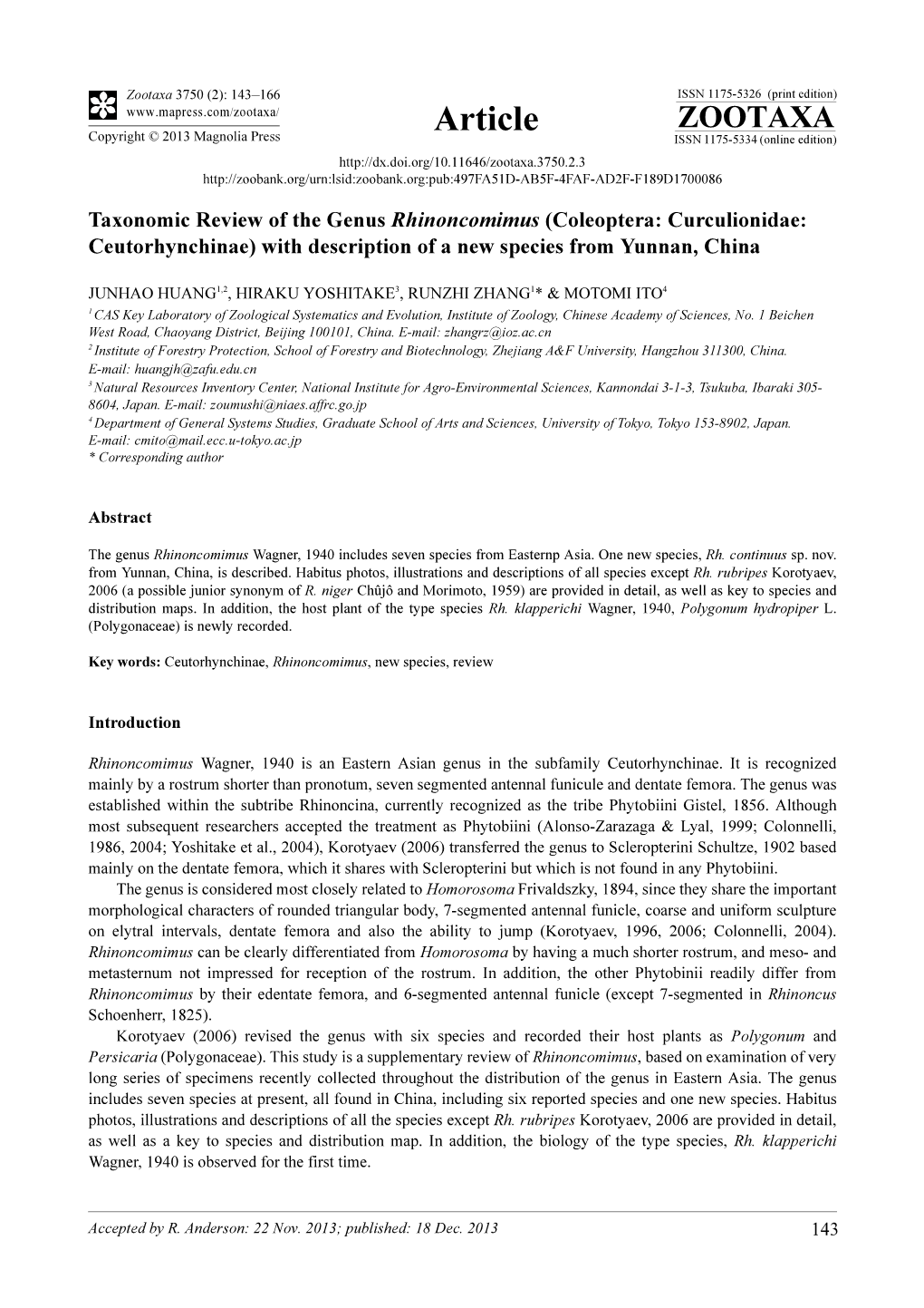 Coleoptera: Curculionidae: Ceutorhynchinae) with Description of a New Species from Yunnan, China