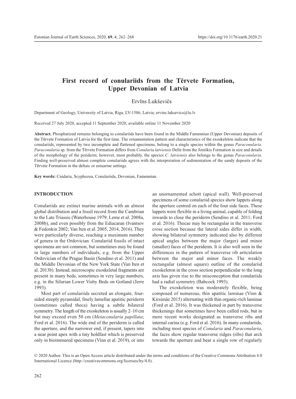 First Record of Conulariids from the Tērvete Formation, Upper Devonian of Latvia