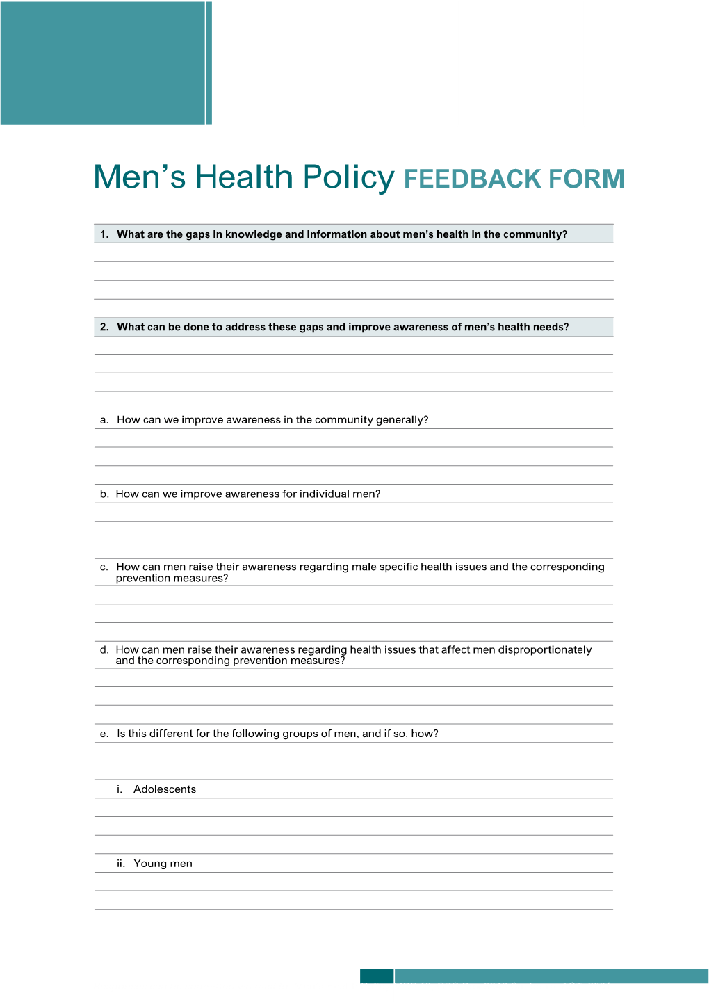 Men S Health Policy FEEDBACK FORM