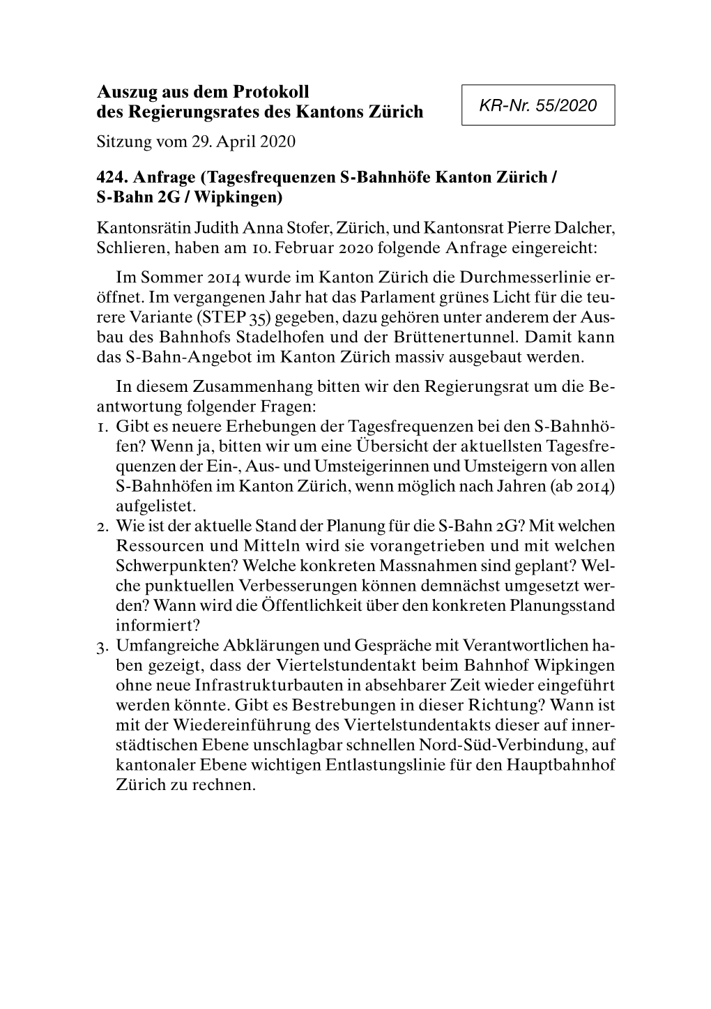 Auszug Aus Dem Protokoll Des Regierungsrates Des Kantons Zürich KR-Nr
