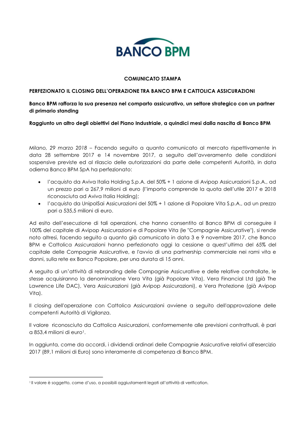 Comunicato Stampa Perfezionato Il Closing