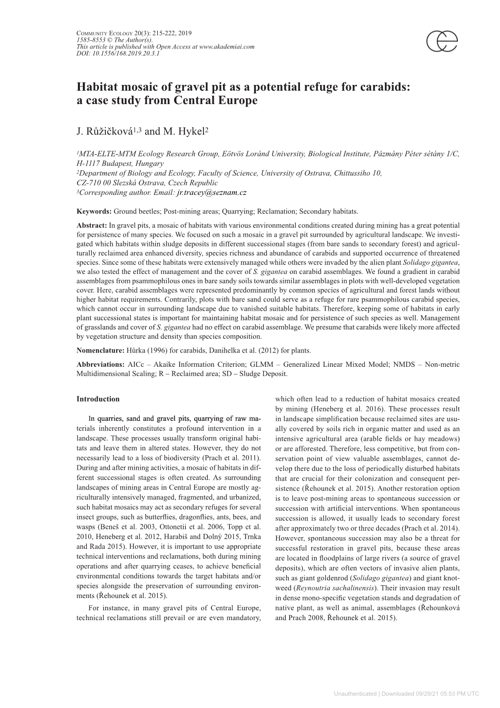 Habitat Mosaic of Gravel Pit As a Potential Refuge for Carabids: a Case Study from Central Europe