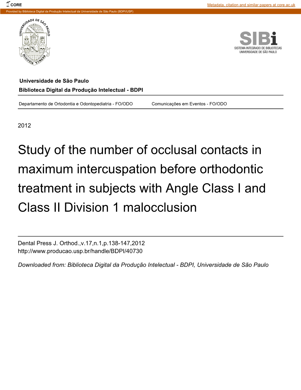 Study of the Number of Occlusal Contacts in Maximum Intercuspation Before Orthodontic Treatment in Subjects with Angle Class I and Class II Division 1 Malocclusion